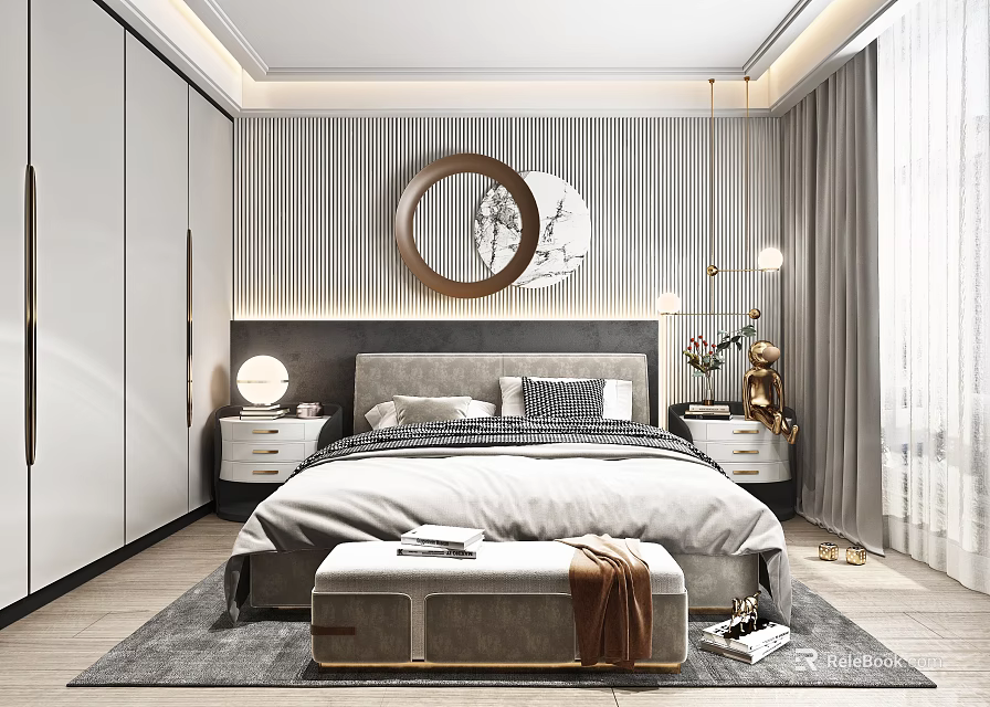Modern Bedroom Interior Design With Gray Bed Striped Wallpaper Round Mirror And Nightstands Bench 3d model 