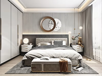 Modern Bedroom Interior Design With Gray Bed Striped Wallpaper Round Mirror And Nightstands Bench 3d model