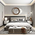 Modern Bedroom Interior Design With Gray Bed Striped Wallpaper Round Mirror And Nightstands Bench