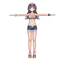 Game Character With Pink Heart Sunglasses Red Eyes Colorful Bikini Blue Denim Shorts Arms Outstretched