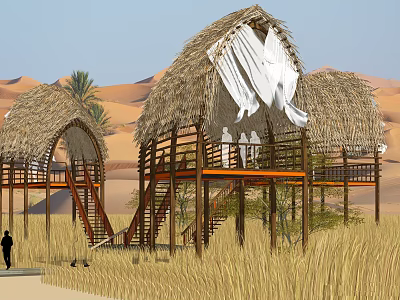 Desert Pergola With Thatch Roof Wooden Structure And Staircases In Grassland Near Sand Dunes 3d model