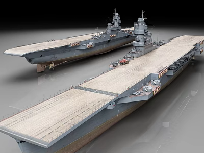 Two Detailed Aircraft Carrier Models With Wooden Flight Decks And Military Replicas 3d model