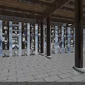 Interior Space With Wooden Columns Transparent Containers And Stone Brick Floor Under Filtered Light
