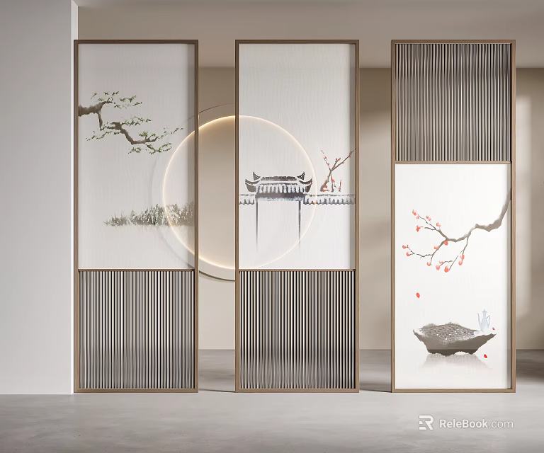 Chinese Modern Three Panel Room Divider With Gold Frame Plum Blossom And Ancient Architecture Pattern 3d model 