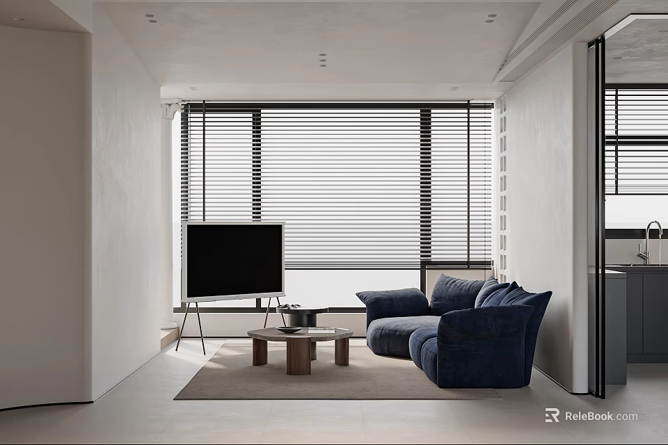 Modern Minimalist Living Room Interior With Blue Sofa TV Coffee Table And Blinds 3d model 