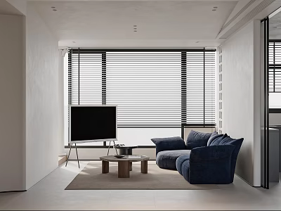 Modern Minimalist Living Room Interior With Blue Sofa TV Coffee Table And Blinds 3d model