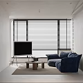Modern Minimalist Living Room Interior With Blue Sofa TV Coffee Table And Blinds