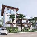 Two Story Detached Villa With Wooden Roof Large Windows And Palm Trees