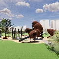 Children's Playground Design With Climbing Towers Slides Trees Pathways And Grass Area