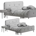 Double Bed with Gray Button Tufted Headboard Light Bedding and Wooden Nightstand 3d model