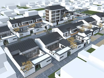 Modern Chinese Style Boutique Hotel Buildings With Traditional Roofs And Courtyards 3d model