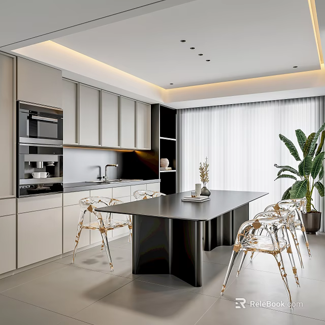 Modern Restaurant Interior With Black Dining Table Transparent Chairs Kitchen Cabinets And Ceiling Lights 3d model