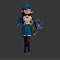 3D Female Character With Blue Hair Glasses Holding Microphone And 88 Device In Blue Skirt Purple Stockings