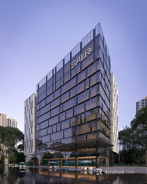Modern Office Building With Glass Curtain Wall Featuring GALR Logo And High Rise Structure 3d model 