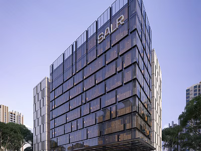 Modern Office Building With Glass Curtain Wall Featuring GALR Logo And High Rise Structure 3d model