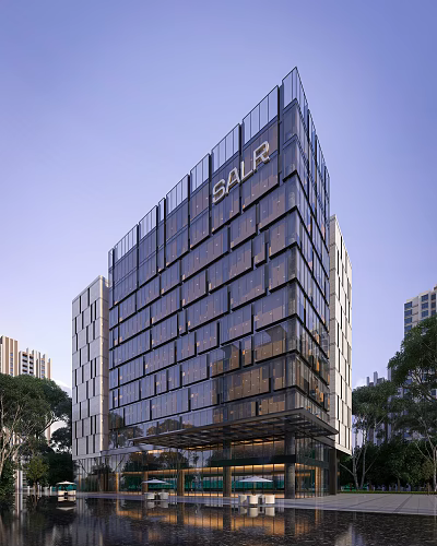 Modern Office Building With Glass Curtain Wall Featuring GALR Logo And High Rise Structure 3d model