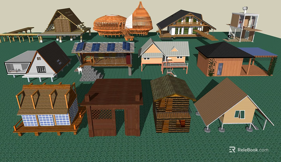 Diverse Guesthouse Architecture With Various Roof Styles Wooden Structures And Solar Panels 3d model 