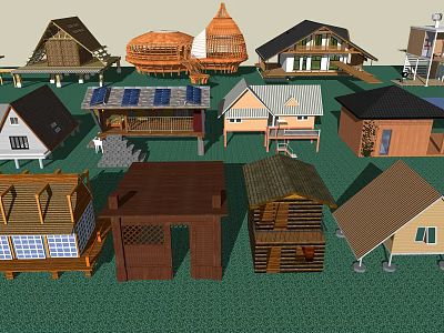 Diverse Guesthouse Architecture With Various Roof Styles Wooden Structures And Solar Panels 3d model