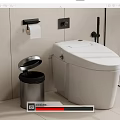 Modern White Toilet With Steel Trash Can Wall Mounted Toilet Paper Holder In Tiled Bathroom