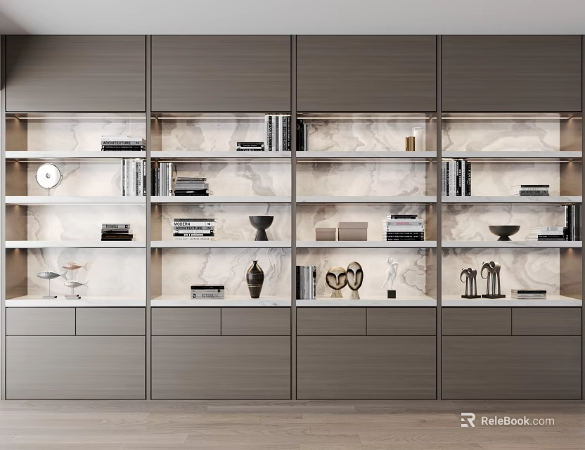 Modern Bookcase Interior Design With Multiple Shelves Marble Back Panel And Decorative Items 3d model 