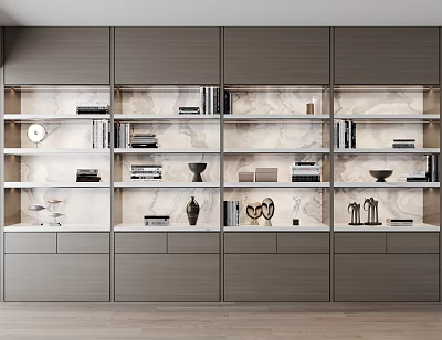 Modern Bookcase Interior Design With Multiple Shelves Marble Back Panel And Decorative Items 3d model