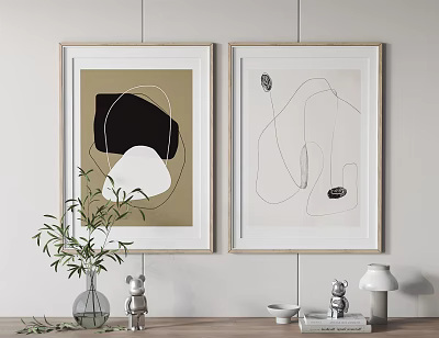 Two Abstract Paintings Wall Art In Minimalist Interior With Green Plant And Ornaments 3d model