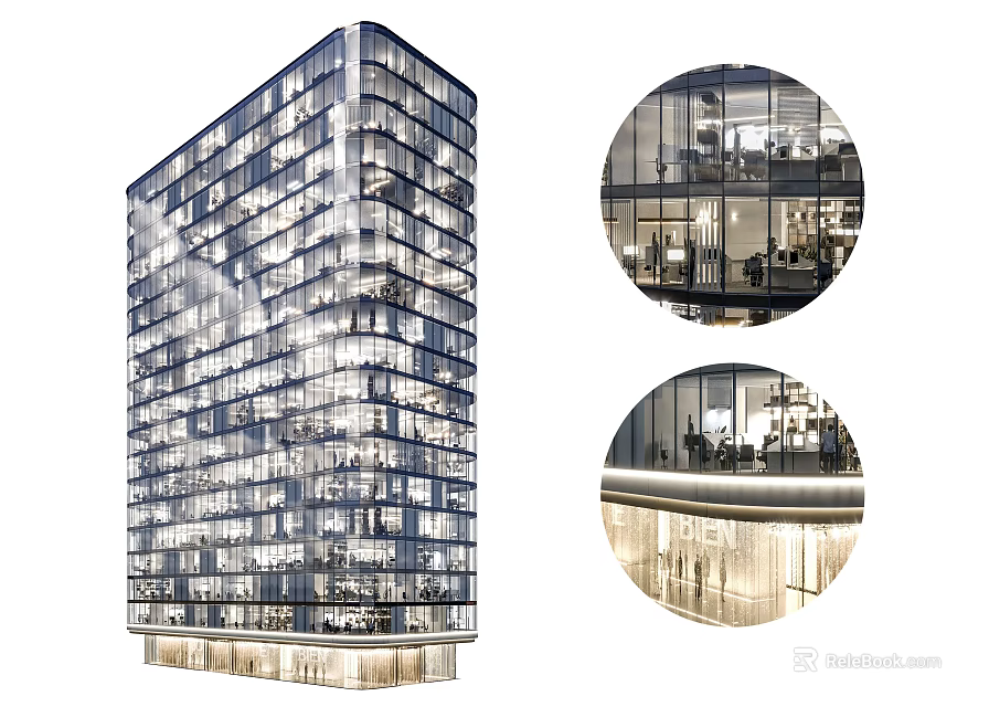 Modern High Rise Office Building With Glass Facade And Interior Workspace Lighting 3d model 