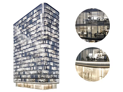 Modern High Rise Office Building With Glass Facade And Interior Workspace Lighting 3d model