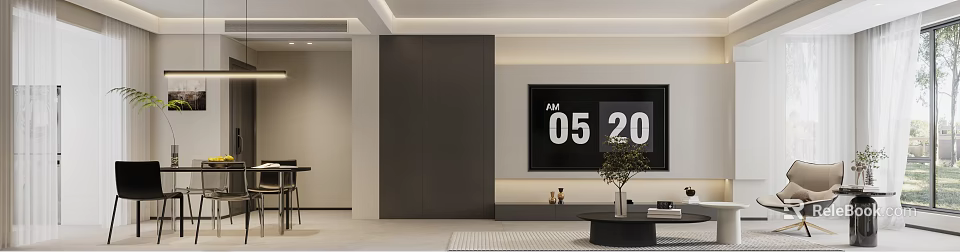 Modern Living Dining Room Interior With Dark Wall TV Cabinet Potted Plant And Area Rug 3d model 
