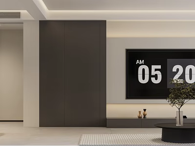 Modern Living Dining Room Interior With Dark Wall TV Cabinet Potted Plant And Area Rug 3d model