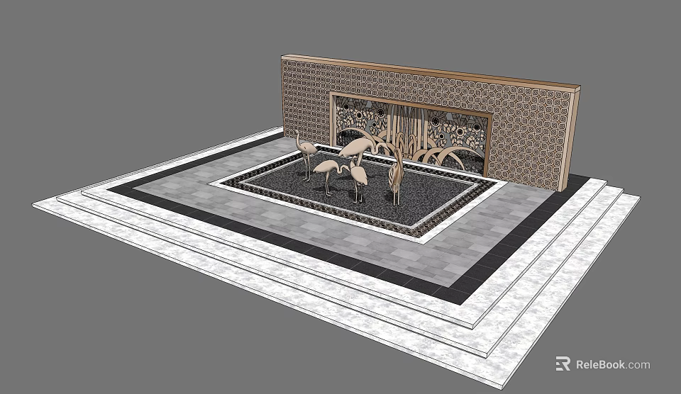 Decorative Feature Wall With Patterned Surface And Crane Sculptures On Tiled Floor 3d model