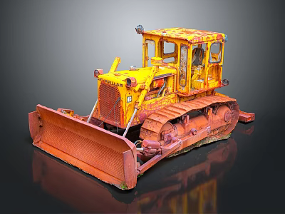 Yellow Rusty Bulldozer With Metal Blade Tracks And Vintage Construction Look 3d model