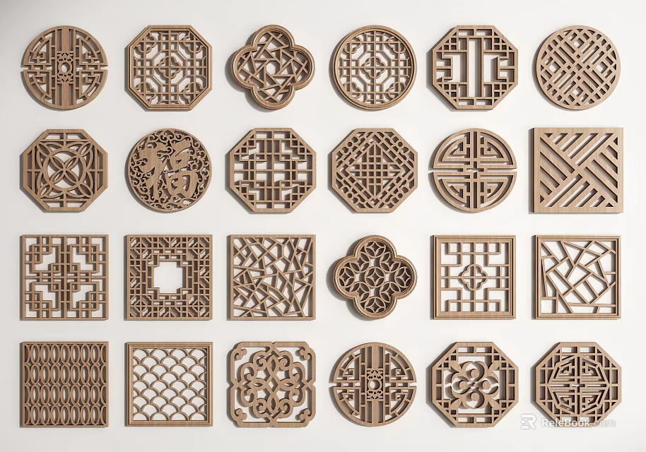 Collection of Traditional Chinese Wooden Lattice Windows With Diverse Designs 3d model 