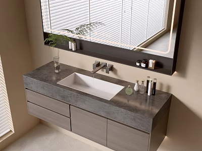 Modern Bathroom Vanity Cabinet With Gray Countertop White Sink And Mirror 3d model