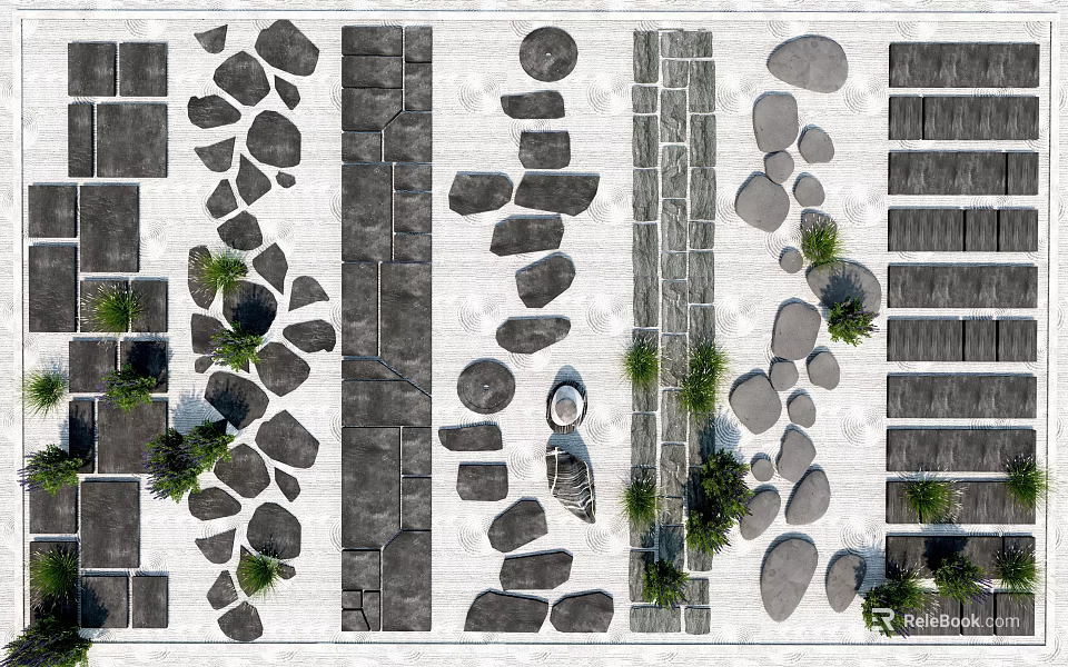 Stepping Stones Design In Garden Courtyard With Irregular Stone Arrangement Slate Pathways And Green Plants 3d model 