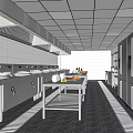 Modern Commercial Kitchen With Stainless Steel Appliances Tiled Walls Range Hood And Worktables