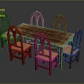 Rustic Wooden Dining Table With Six Arched Back Chairs And Textured Wooden Top
