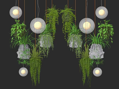 Stylish Interior Decor With Multiple Hanging Basket Green Plants And Round Pendant Lights 3d model