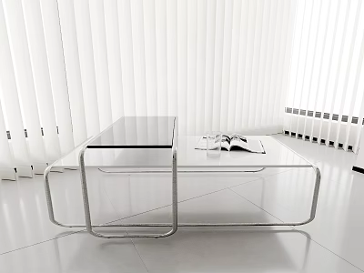 Modern Glass Top Coffee Table With Metal Frame In Bright Interior With White Blinds And Magazines 3d model