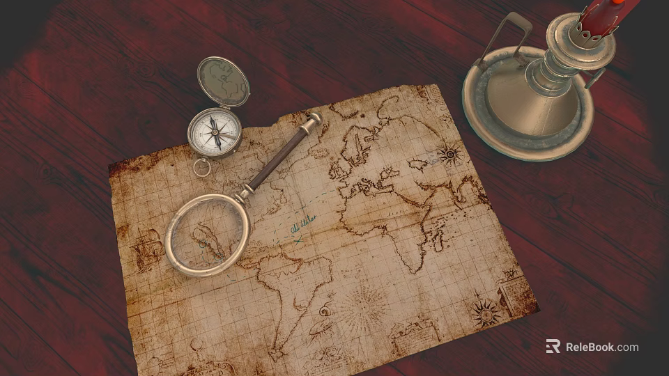 Vintage World Map With Magnifying Glass Compass And Brass Lantern On Wooden Table 3d model 