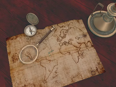 Vintage World Map With Magnifying Glass Compass And Brass Lantern On Wooden Table 3d model