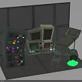 Vintage Electronic Equipment Setup With Multiple Monitors Control Console Reclining Chair And Green Glowing Pipe