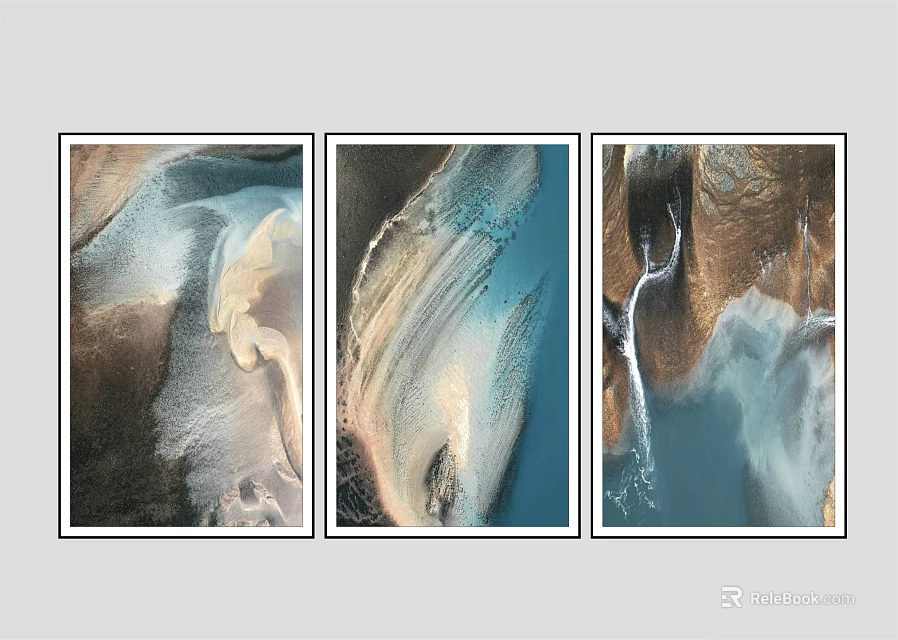 Three Panel Aerial Natural Landscape Wall Art With River Mountain Texture 3d model 