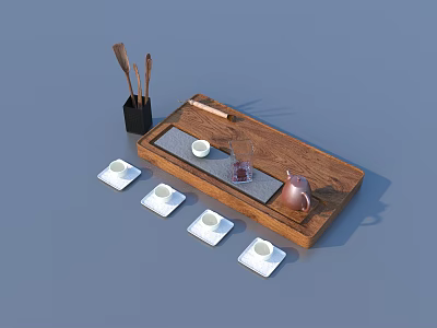 Wooden Tea Tray With Copper Teapot Transparent Glass Cup White Teacups Saucers And Wooden Utensils 3d model