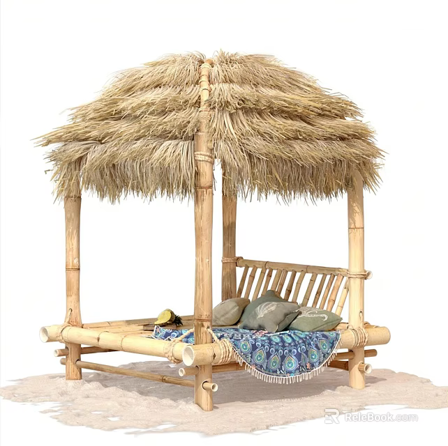 Cozy Outdoor Bamboo Daybed with Thatched Roof and Pillows for Relaxation 3d model 