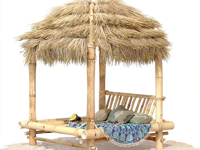 Cozy Outdoor Bamboo Daybed with Thatched Roof and Pillows for Relaxation 3d model