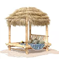 Cozy Outdoor Bamboo Daybed with Thatched Roof and Pillows for Relaxation