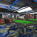 Modern Billiard Hall Interior With Pool Tables Blue Lighting And Patterned Carpet 3d model