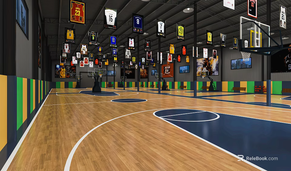 Basketball Gym Featuring Wooden Flooring Blue Court Hanging Banners Hoops Posters Green Yellow Wall Decor 3d model 