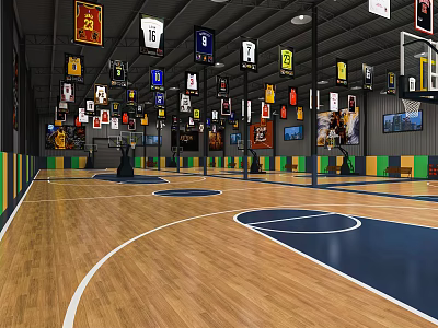 Basketball Gym Featuring Wooden Flooring Blue Court Hanging Banners Hoops Posters Green Yellow Wall Decor 3d model